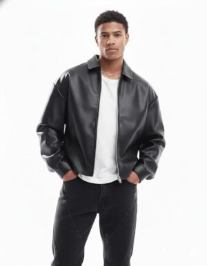 1.1 Men's Long Sleeve Mock Collar Windcheater Leather Jacket