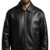 Men's Black Leather Jacket with Full Zip Front