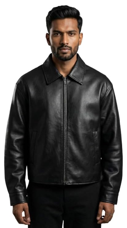 Men's Black Leather Jacket with Full Zip Front