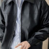Solid lightweight leather jacket with a spread collar for men.