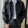 Solid lightweight leather jacket with a spread collar for men.