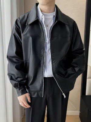 leather Solid lightweight leather jacket with a spread collar for men.